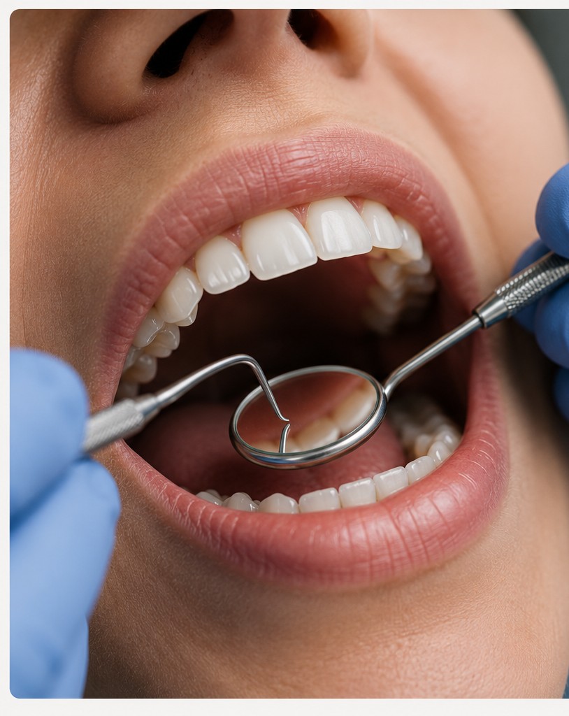 Dental exam with dentist tools