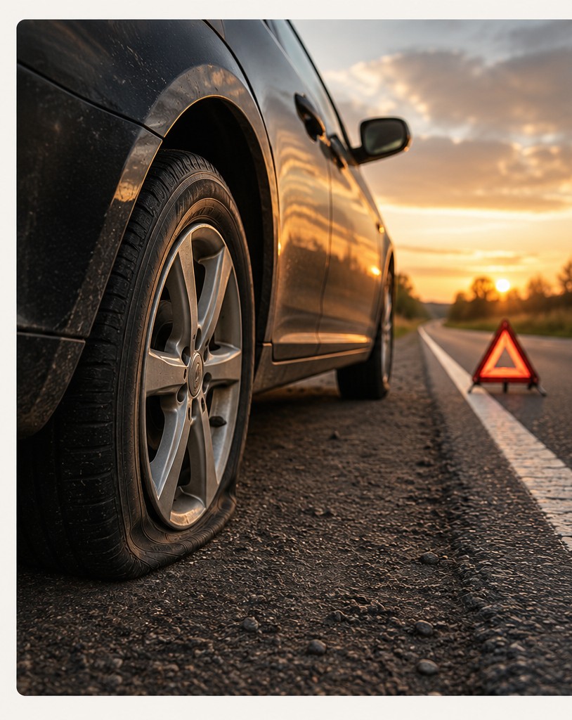 Car with a flat tire on the side of the road